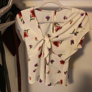 White floral tie blouse